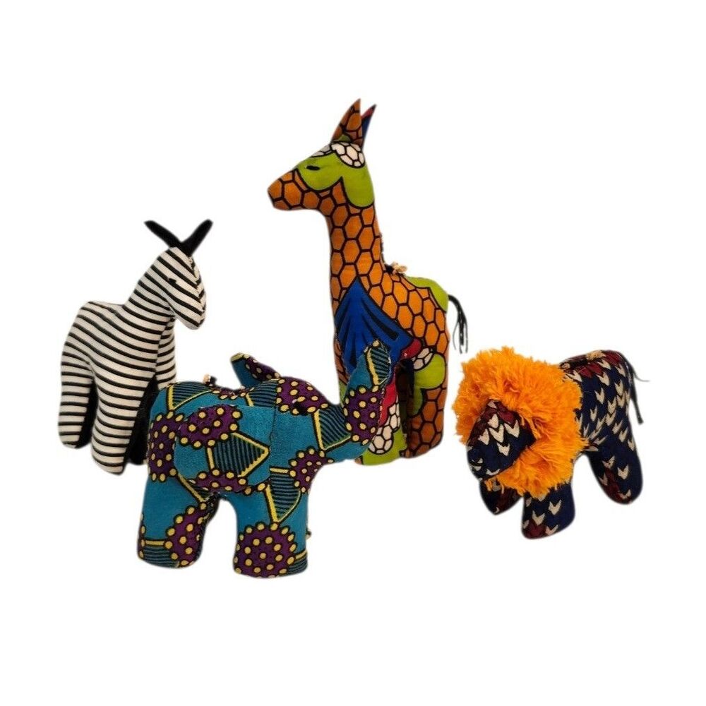 Vintage Handmade African Safari Plush Animals Giraffe Lion Zebra Elephant Ankara